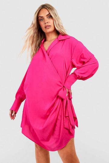 Plus Wrap Shirt Dress hot pink