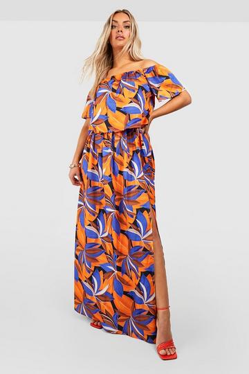 Plus Tropical Floral Bardot And Skirt Co-ord orange