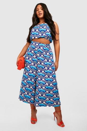 Plus Printed Crop Top & Culottes Trouser Co-ord blue