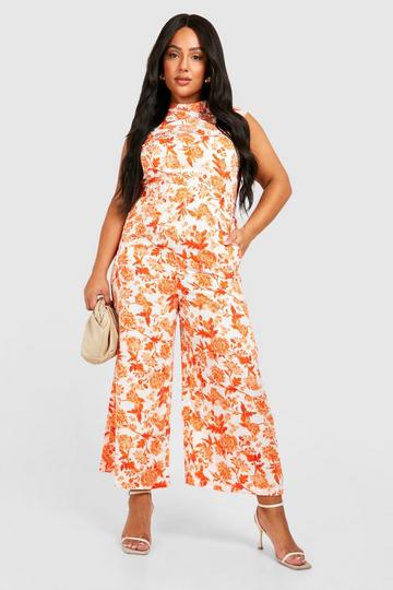 Grande taille - Combinaison jupe-culotte florale orange