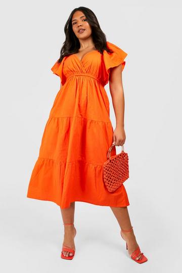 Plus Cotton Poplin Ruffle Angel Sleeve Midi Dress orange
