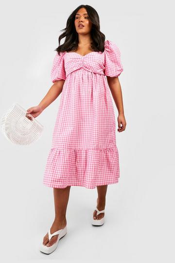 Plus Daisy Embroidered Gingham Midi Dress pink