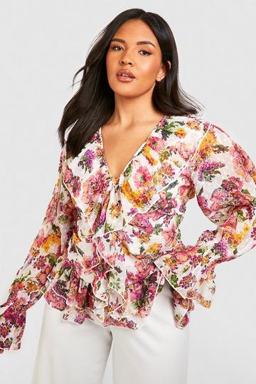 Plus Floral Ruffle Front Dobby Mesh Blouse ivory