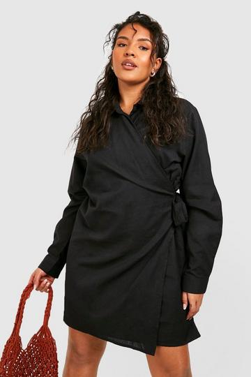 Black Plus Linen Wrap Shirt Dress