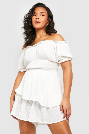 White Plus Cheesecloth Off The Shoulder Ruffle Romper