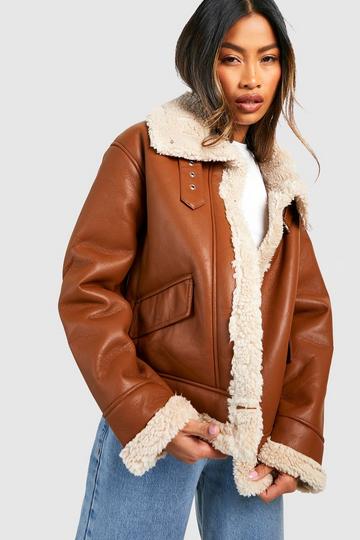 Faux Leather Aviator Jacket brown