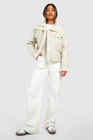 White Faux Leather Pocket Detail Aviator Jacket