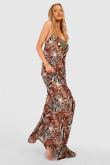 Tall Beach Leopard Print Beaded Hanky Hem Chiffon Maxi Dress brown