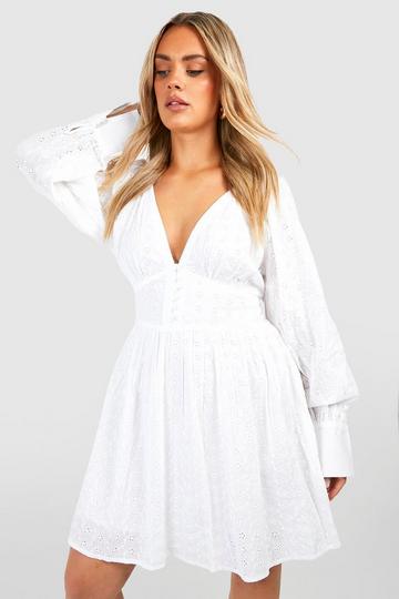White Plus Button Front Broderie Skater Dress