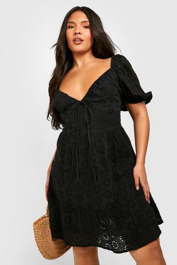 Plus Broderie Anglaise Puff Sleeve Tiered Skater Dress black