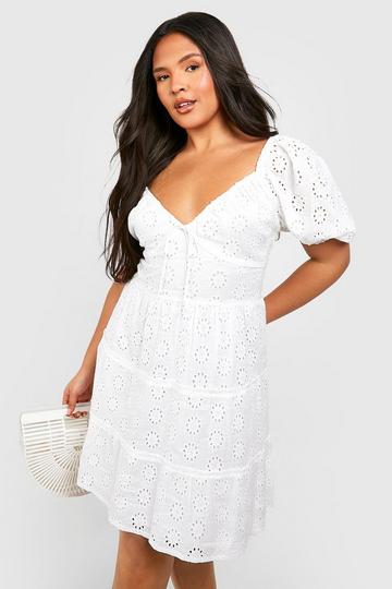 White Plus Eyelet Anglaise Puff Sleeve Tiered Skater Dress