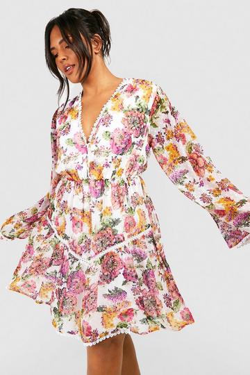 Plus Floral Dobby Mesh Lace Detail Skater Dress ivory