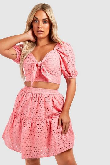 Coral Pink Plus Broderie Tie Front Top & Skater Skirt Co Ord