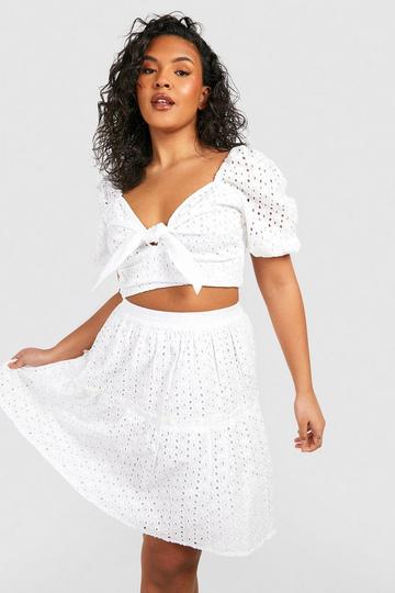 Plus Broderie Tie Front Top & Skater Skirt Co Ord white