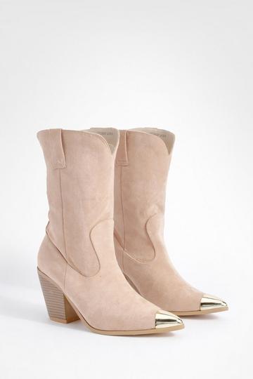 Metal Toe Tab Detail Western Cowboy Boots taupe