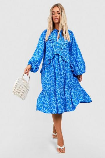 Plus Floral Ruffle Midi Dress blue