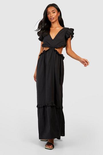 Black Petite Cut Out Ruffle Linen Maxi Dress