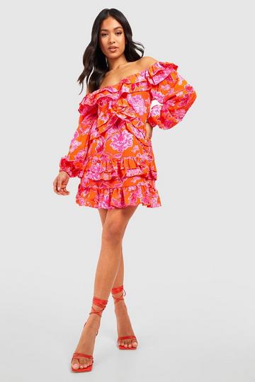 Petite Floral Off Shoulder Ruffle Mini Dress orange