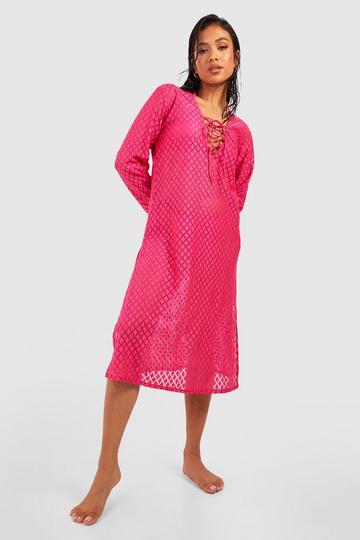 Petite Lace Up Crochet Beach Midi Dress hot pink