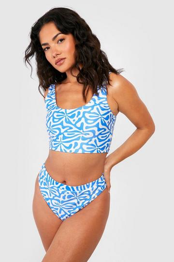 Blue Abstract Tie Shoulder High Waist Bikini Set