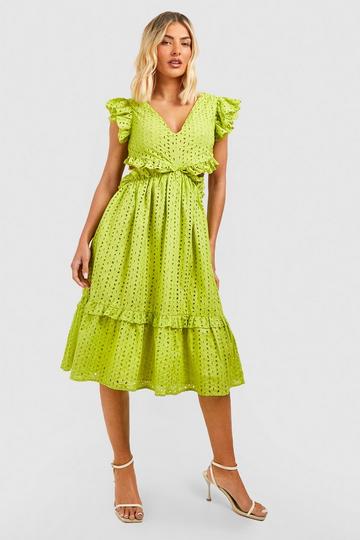 Broderie Frill Cut Out Midi Dress lime