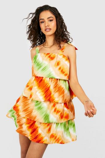 Tie Dye Strappy Tiered Mini Dress multi