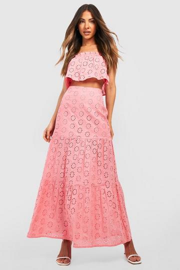 Eyelet Off The Shoulder & Tiered Maxi Skirt coral