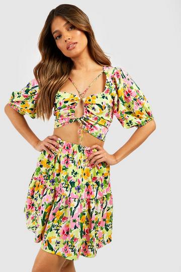 Floral Strappy Sweetheart Bralette & Mini Skirt chartreuse