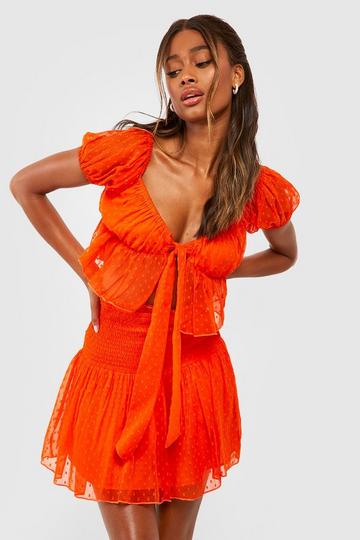 Dobby Mesh Knot Front Crop & Shirred Mini Skirt orange