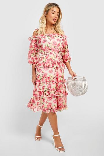 Pink Chiffon Ruffle Floral Midi Dress