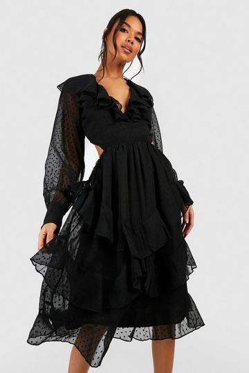 Dobby Ruffle Midi Dress black