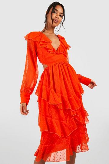 Dobby Ruffle Midi Dress orange