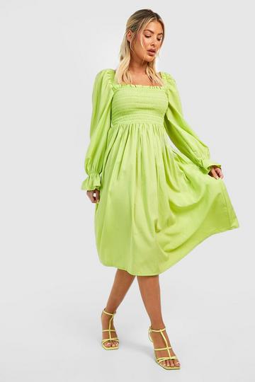 Puff Sleeve Shirred Midi Dress lime