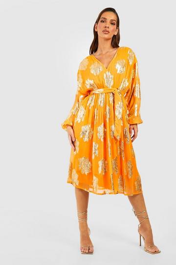 Orange Gold Metallic Batwing Midi Dress