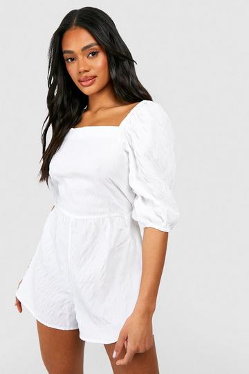 Textured Puff Sleeve Playsuit white