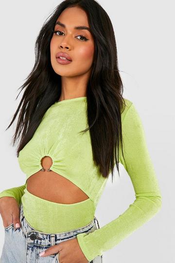Textued Slinky Long Sleeve Ring Detail Cut Out Top chartreuse