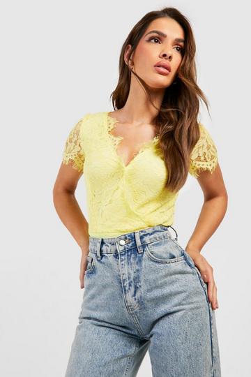 Premium Eyelash Lace Bodysuit lemon