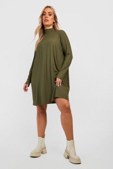 Plus Jumbo Rib Turtleneck Swing Dress khaki