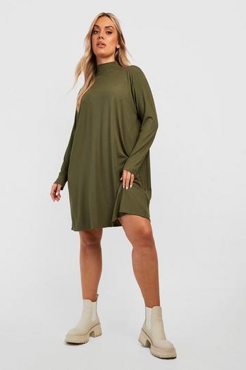 Grande taille - Robe pull côtelée à col roulé khaki