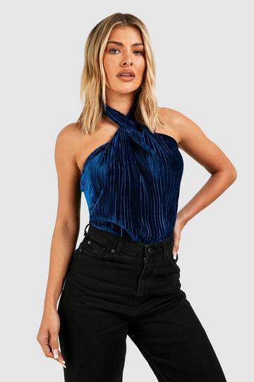 Plisse Pleated Velvet Halter Twist Bodysuit teal