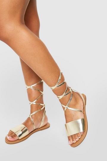 Gold Metallic Strappy Tie Leg Sandals