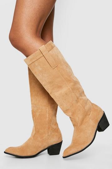 Wide Fit Knee High Pull On Western Cowboy Boots tan
