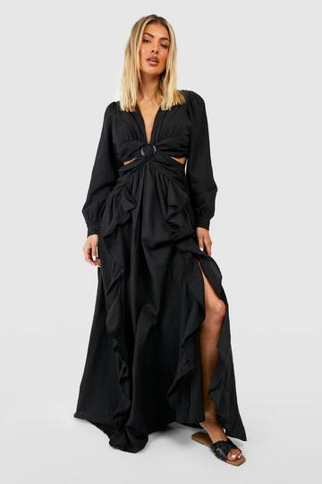 Black Linen Cut Out Ruffle Maxi Dress