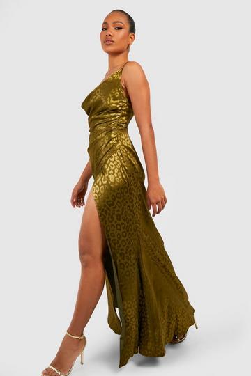 Olive Green Satin Cowl Neck Ruched Maxi Dress