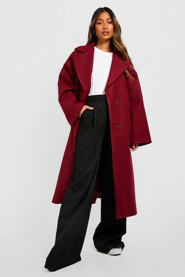 Burgundy Red Oversized Self Belted Drop Sleeve Wool Look Coat