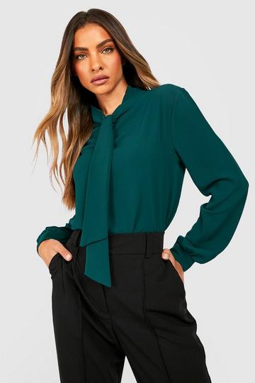 Green Pussybow Woven Blouse