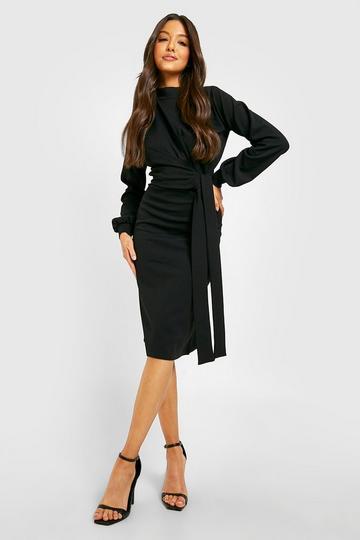Volume Sleeve Tie Waist Midi Dress black