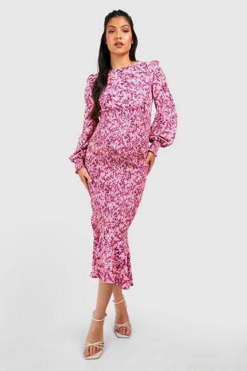 Maternity Floral Shirred Frill Hem Midi Dress pink