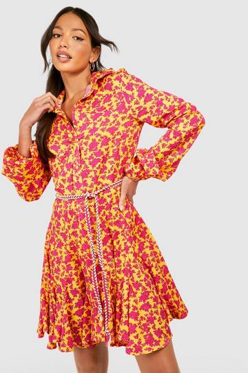 Tall Floral Rope Tie Pleated Shirt Dress mustard