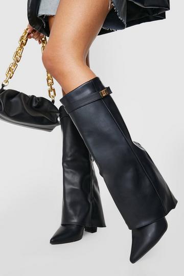 Fold Over Metal Detail Knee High Boots black